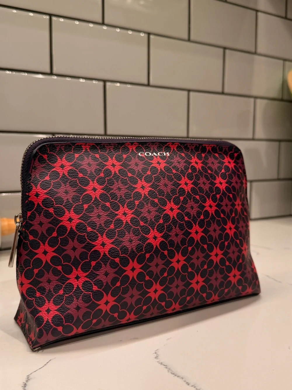 Coach Pink and Purple Signature Coated Canvas Cosmetic Pouch